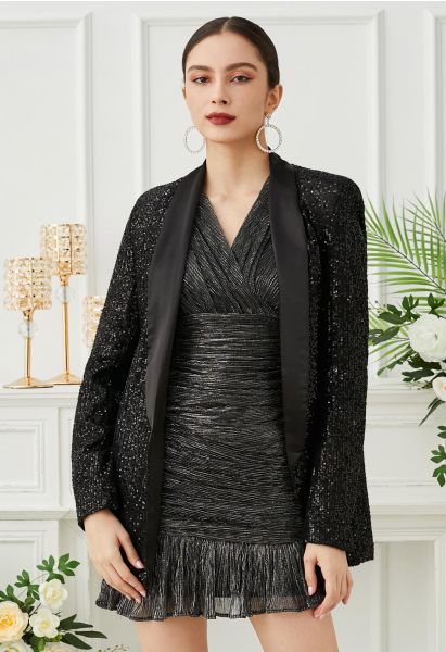 Dazzling Sequin Open Front Shawl Blazer in Black