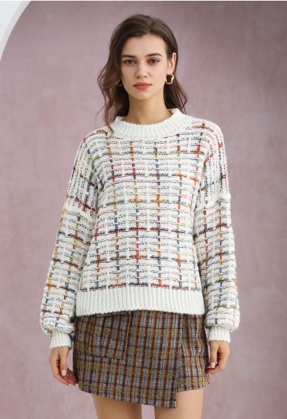 Color-Accented Grid Knit Sweater in White