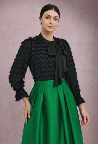 Satin Bowknot Wavy Tassel Overlay Shirt in Black