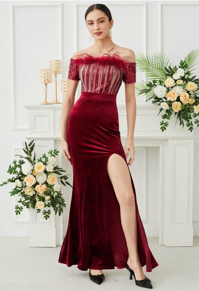 Off-Shoulder Feather Sequin High Slit Gown in Red