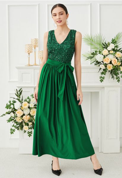 V-Neck Sequins Spliced Sleeveless Gown in Dark Green