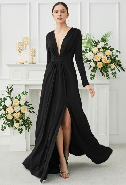 Deep V-Neck Front Split Maxi Gown in Black