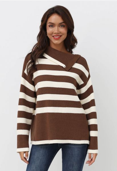 Buttoned Neck Striped Oversize Sweater in Brown