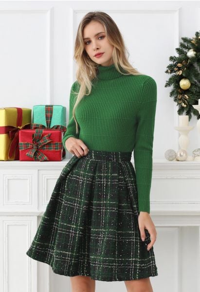 Shining Plaid High Waist Pleated Tweed Skirt in Dark Green