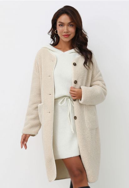 Collarless Button Down Sherpa Longline Coat in Ivory