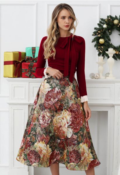 Painting Bloom Jacquard A-Line Midi Skirt