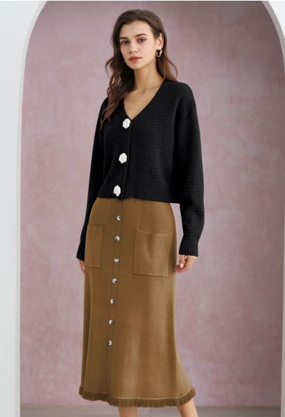 Button Trim Fringe Hem Knit Midi Skirt in Brown