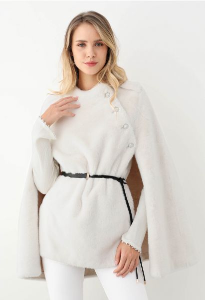 Rhinestone Button Wrap Faux Fur Cape Coat in Ivory