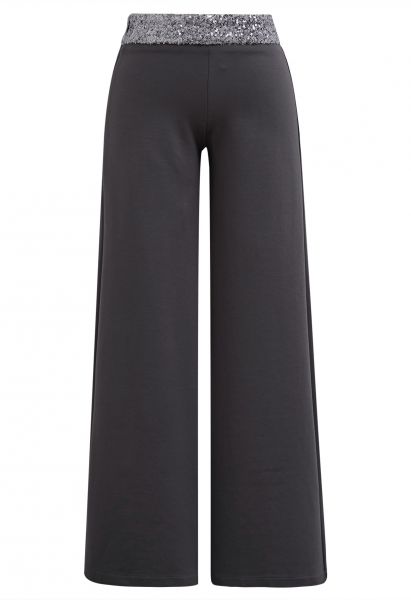 Sequin Accented Waist Straight-Leg Pants in Smoke