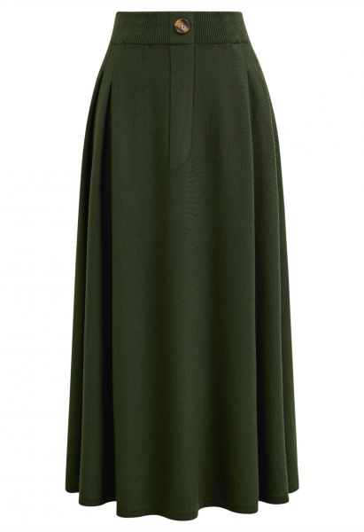 Button Adorned Knit Midi Skirt in Army Green