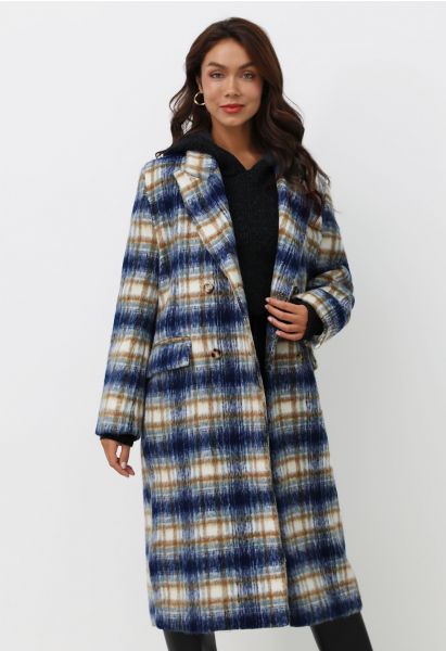 Peak Lapel Buttoned Plaid Fuzzy Coat in Indigo