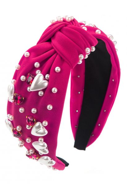 Heart Rhinestone Pearl Knotted Headband in Magenta