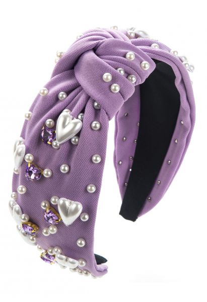 Heart Rhinestone Pearl Knotted Headband in Purple