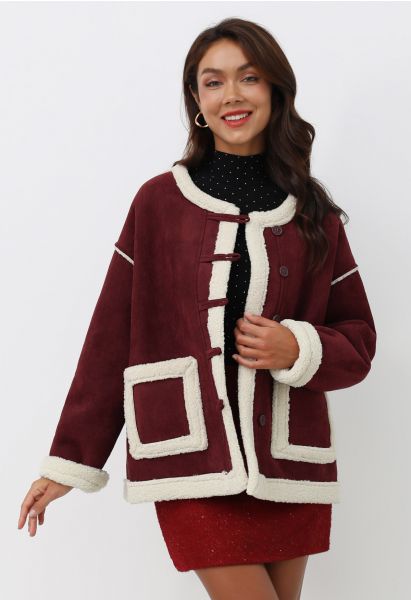 Faux Suede Spliced Sherpa Buttoned Coat in Burgundy