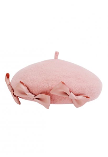 Sweet Bowknot Wool-Blend Beret in Pink