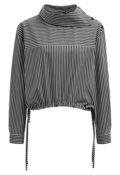 Buttoned Side Flap Collar Stripe Shirt in Black