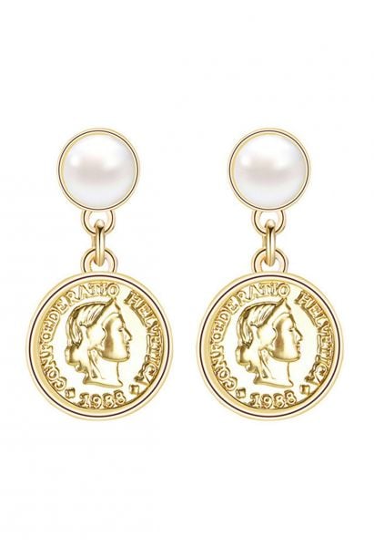 خمر الذهب عملة اللؤلؤة قطرة Eearrings