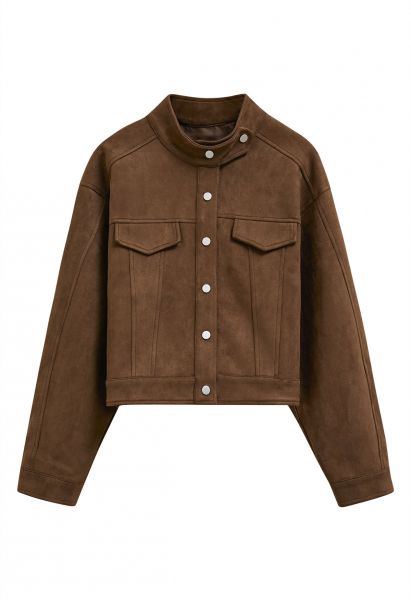 Snap Button Faux Suede Jacket in Chocolate