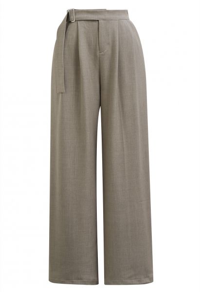 Solid Belted High Waist Wide-Leg Pants in Oatmeal