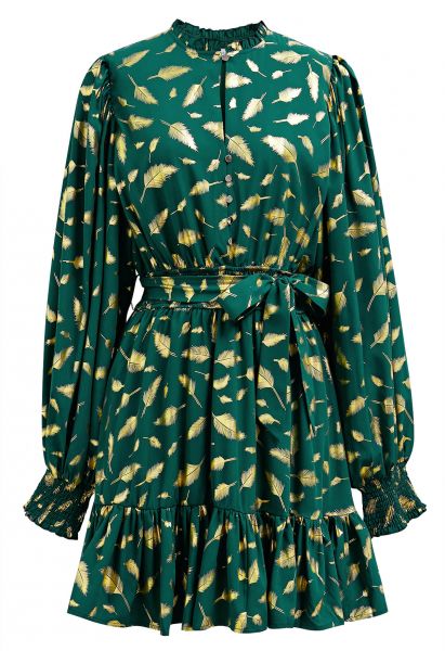 Golden Leaf Printed Tie-Sash Mini Dress in Green