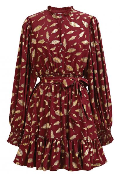 Golden Leaf Printed Tie-Sash Mini Dress in Red