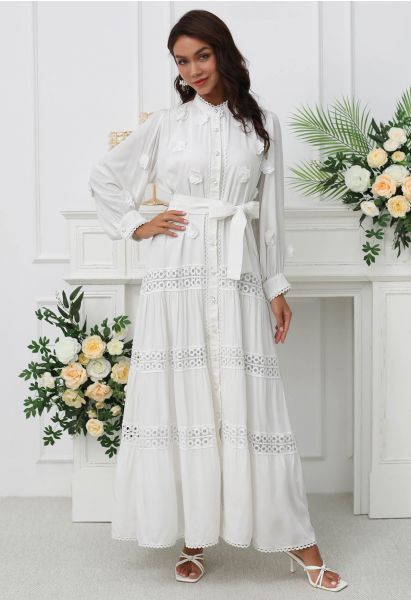 3D Floret Embellished Cutwork Lace Button Down Maxi Dress in White