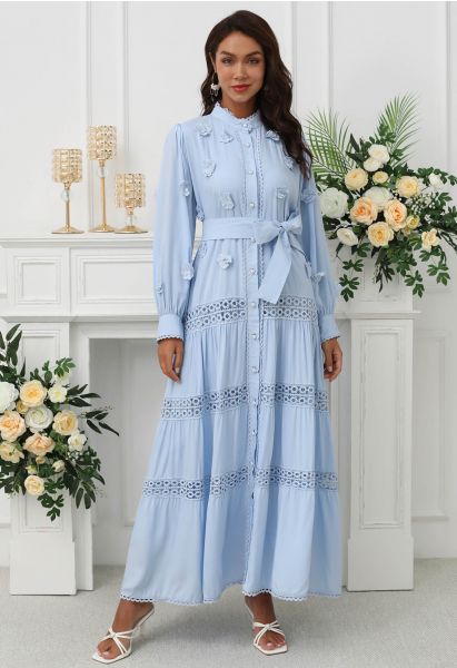 3D Floret Embellished Cutwork Lace Button Down Maxi Dress in Blue