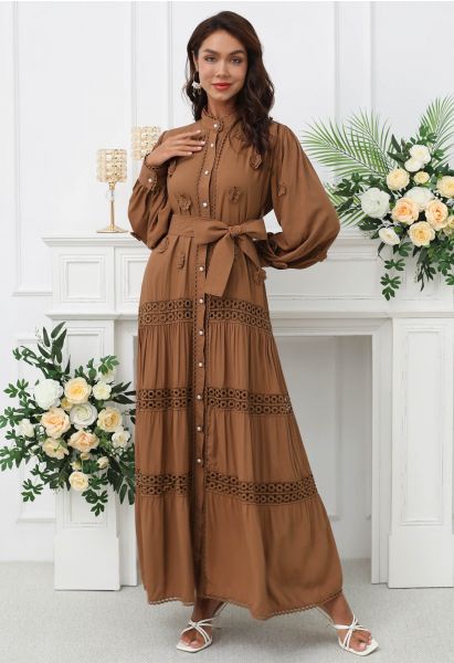 3D Floret Embellished Cutwork Lace Button Down Maxi Dress in Brown