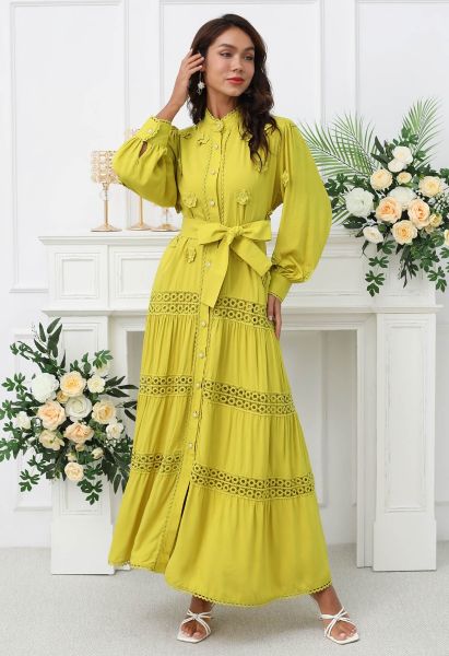 3D Floret Embellished Cutwork Lace Button Down Maxi Dress in Yellow