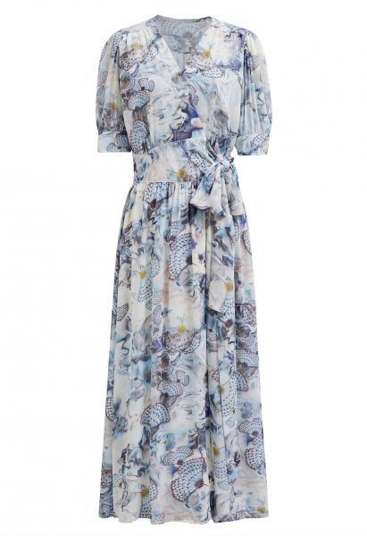 Floral Tie Sash Wrapped Chiffon Midi Dress