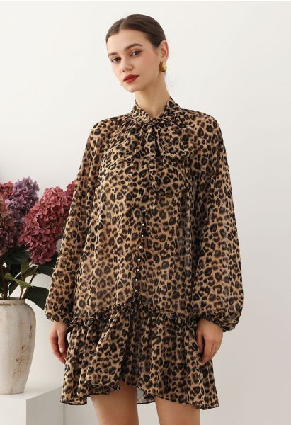 Leopard Print Self-Tie Neckline Chiffon Mini Dress