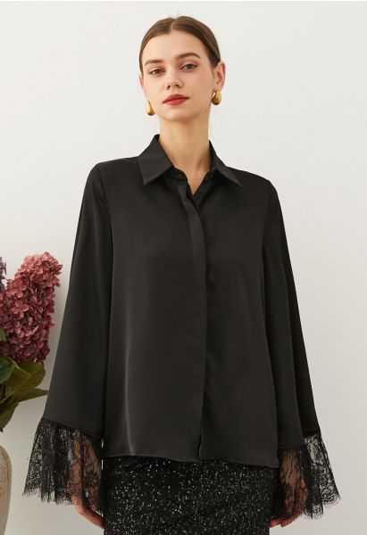 Lace Cuff Bell-Sleeve Satin Shirt in Black