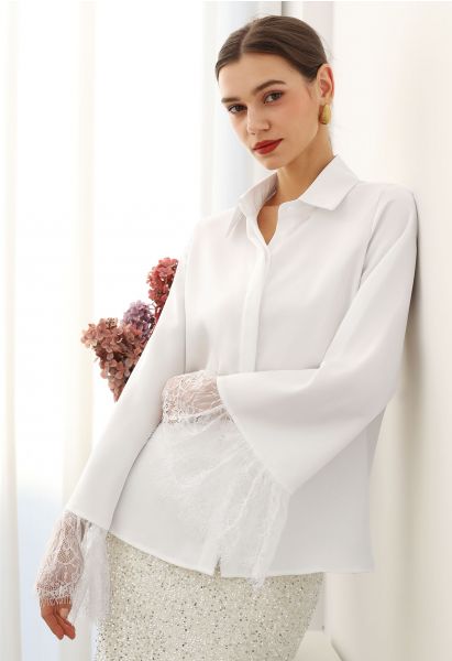 Lace Cuff Bell-Sleeve Satin Shirt in White