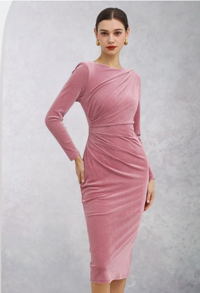 Rhinestone Decor Ruched Pad Shoulder Midi Dress in Pink