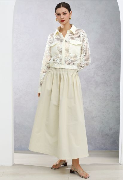 Casual Pleated Waist Cotton Maxi Skirt in Cream