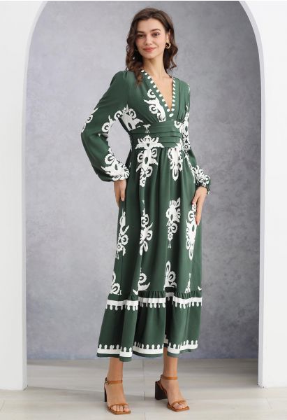 Classy Retro Print Deep V-Neck Shirred Maxi Dress