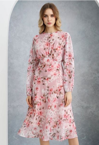 Cherry Blossom Printed Puff Sleeve Chiffon Midi Dress