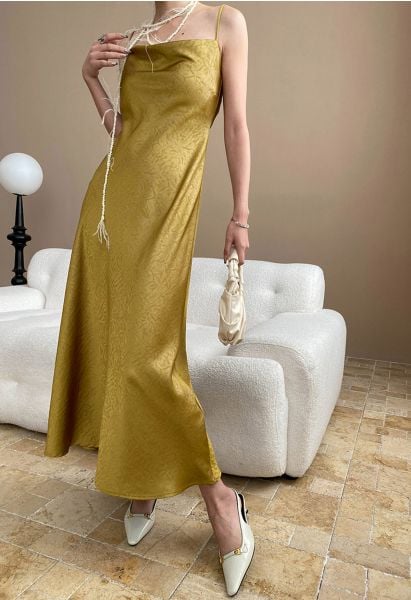 Texture Jacquard Drape Neck Satin Cami Dress in Mustard