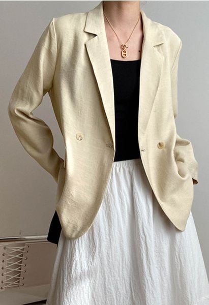 Lightweight Notch Lapel Linen-Blend Blazer in Khaki