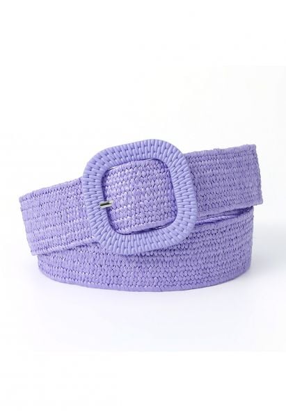 Square Buckle Woven Straw Belt in Lilac