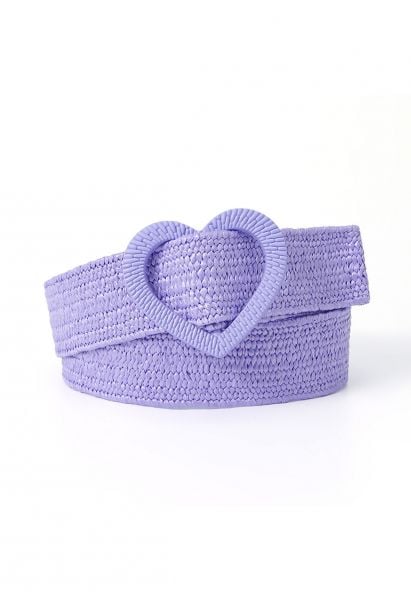 Heart Buckle Woven Straw Belt in Lilac