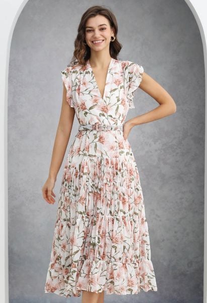 Lily Printed Belted Faux-Wrap Chiffon Maxi Dress in White