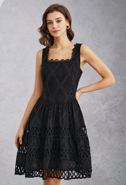 Geometric Eyelet Embroidered Square Neck Sleeveless Dress in Black