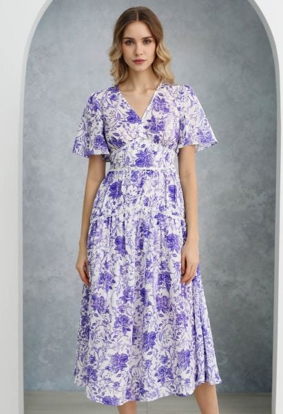 Purple Hues Rose Printed Midi Dress