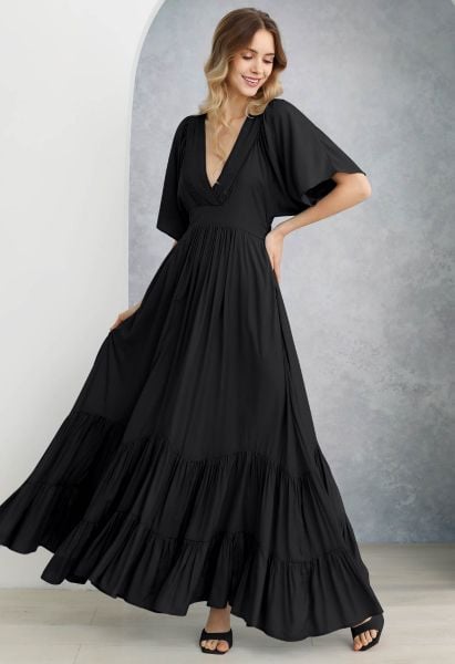 Subtle Romance Deep V-Neck Flutter Sleeve Maxi Dress in Black