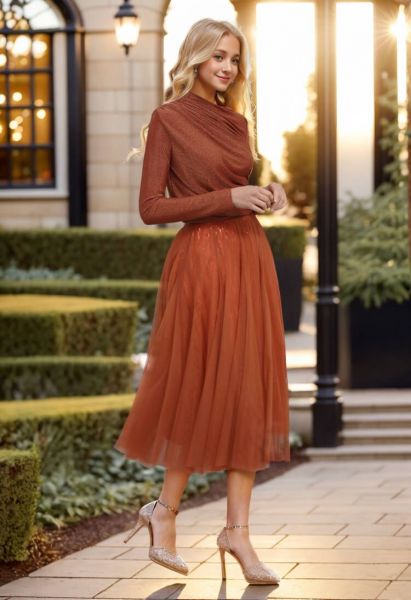 Ravishing Sequins Mesh Tulle Midi Skirt in Pumpkin