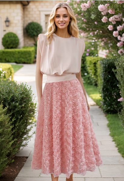 3D Rose Petal Mesh Midi Skirt in Pink