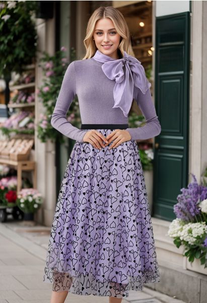 Endearing Velvet Heart Mesh Midi Skirt in Lilac