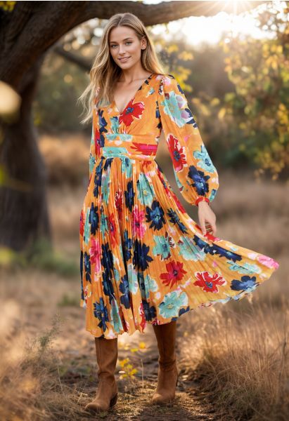 Orange Floral Cut Out Back Pleated Satin Dress