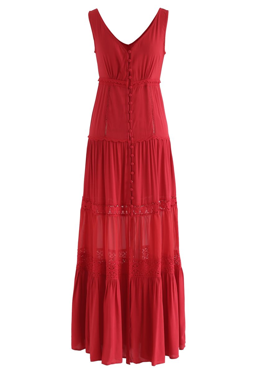 كروشيه فستان طويل بدون أكمام بأزرار من الأسفل باللون الأحمر